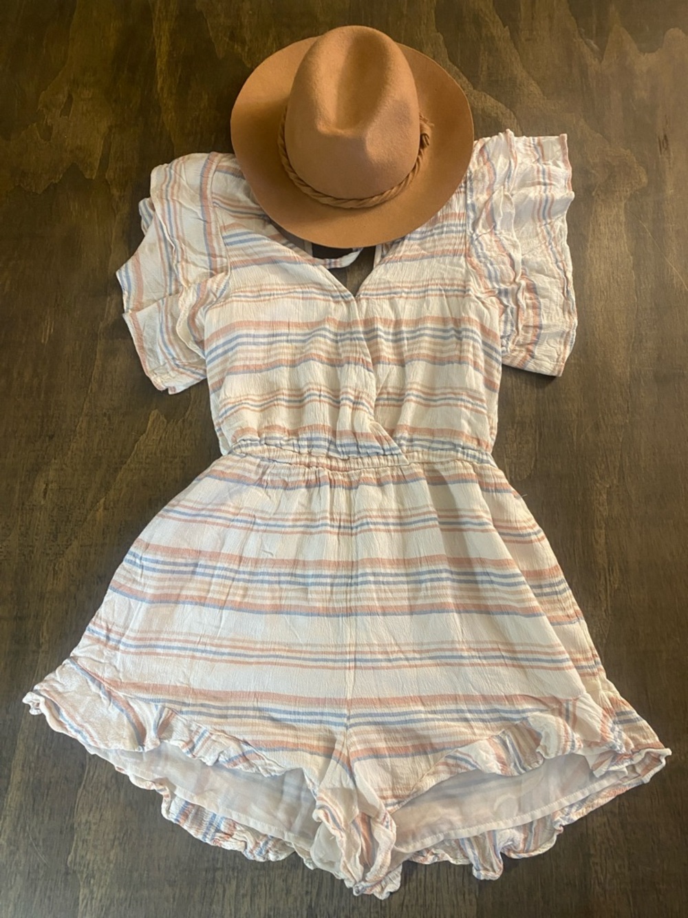 American Eagle Striped Ruffle Romper in Cream with Peach & Light Blue Stripes